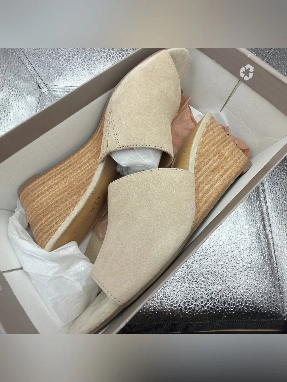 Franco Sarto Beige Suede Wedge Slide Sandals